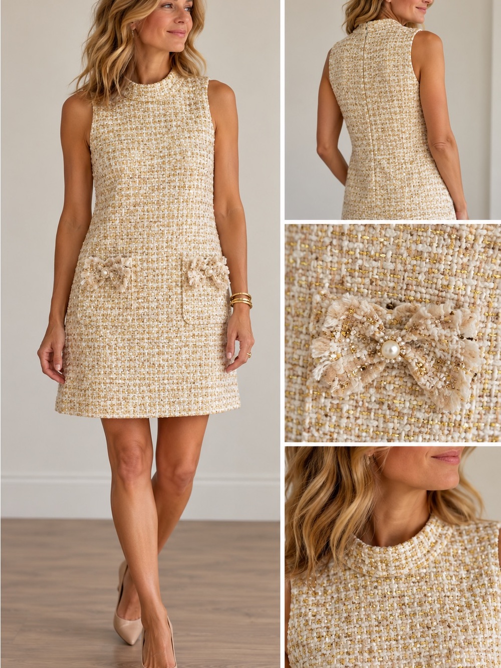 Julie Brown Cream Gold Tweed Lurex Dress Embellished Pockets Sz 4